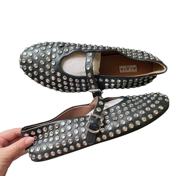 ALAIA Crystal Leather Mary Jane Ballet Flats Black Sz 41 (11) - Picture 3 of 8